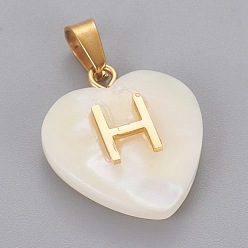 Letter H Shell Anhänger, mit 304 Edelstahl Zubehör, Herz mit Brief, golden, letter.h, 23.5x20x7 mm, Bohrung: 3.5x7 mm