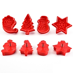 Red Christmas Themed Plastic Plastic Cookie Cutters, with Iron Press Handle, Tree & Snowflake & Snowman & Santa Claus, Red, 58~70x40mm, 4pcs/set