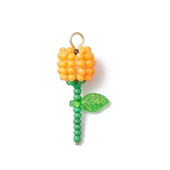 Оранжевый Круглый стеклянный бисер класса А акриловые цветочные подвески, 304 Штифты с плоской головкой из нержавеющей стали, оранжевые, 28.5x13x10 мм, отверстие : 3 мм