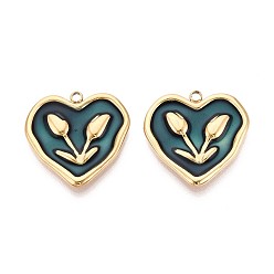 чирок 304 подвески из нержавеющей стали и эмали, сердце с цветочными подвесками, ионное покрытие (ip), реальный 18 k позолоченный, зелено-синие, 23x23x2 мм, отверстие : 1.8 мм