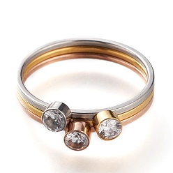 Crystal 304 Stainless Steel Finger Rings, Stackable Rings, with Rhinestone, Flat Round, Mixed Color, Crystal, US Size 7~7 3/4(17.3~17.9mm), 3pcs/set