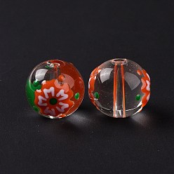 Flower Transparent Glass Beads, with Enamel, Round, Red, Flower Pattern, 14~15x13~13.5mm, Hole: 1.5~1.6mm