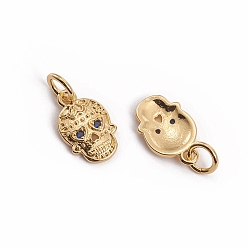 Синий Позолоченные латунные подвески из микропаве из циркония, с прыжковых колец, Сахарный череп, синие, 12.5x7.5x1.5 мм, отверстие : 3.5 мм