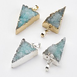 Mixed Color Natural Druzy Quartz Pendants, Dyed, with Brass Findings, Triangle, Mixed Color, 34x20.5x13mm, Hole: 5x8mm