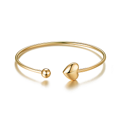 Golden 925 Sterling Silver Cuff Bangle, with Heart and Bead, Torque Bangles, Golden, 55mm(2-1/8 inch)