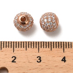 Claro 925 cuentas de circonita cúbica micro pavé de plata de ley, rondo, oro rosa, Claro, 8x7.5 mm, agujero: 2.2 mm