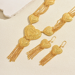 Golden Middle Eastern Vintage Style Alloy Heart Tassel Earrings & Necklaces Sets for Women, Golden, 580mm