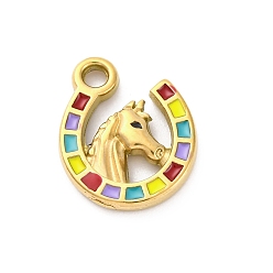 Разноцветный 304 нержавеющей стальной эмали подвески, ионное покрытие (ip), реальный 18 k позолоченный, лошадь, красочный, 15.5x13x3 мм, отверстие : 2 мм
