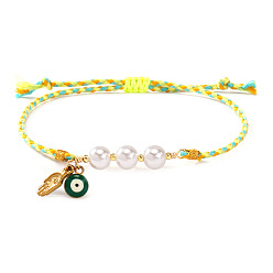 Желтый 304 из нержавеющей стали шарм браслеты, Браслеты из искусственного жемчуга и бисера, плетеные, для женщин., хамса рука и сглаз, желтые, 11.02 дюйм (28 см)