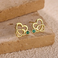 Золотой Латунные серьги-гвоздики с микропаве из зеленых кубических цирконий для женщин, сердце со стетоскопом, золотые, 9.5x11.5 мм