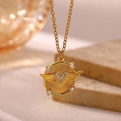 Wing 304 Stainless Steel Crystal Rhinestone Pendant Necklaces, Golden, Wing, 14.96 inch(38cm), pendant: 18x21mm