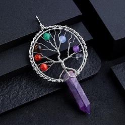 Аметист Натуральный аметист чакра дерево жизни большие подвески, брелоки в виде заостренных граненых пуль с кольцами из сплава, платина, 100x53 мм