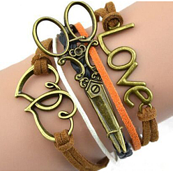 Сердце Браслеты из замши и искусственной кожи, вязанные из нескольких нитей, регулируемые браслеты из сплава, сердце, 7-1/8 дюйм (18 см)