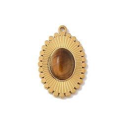 Тигровый глаз Природных тигровый глаз подвески, 304 из нержавеющей стали овальные амулеты, реальный 18 k позолоченный, ионное покрытие (ip), 19x12x4.5 мм, отверстие : 1 мм