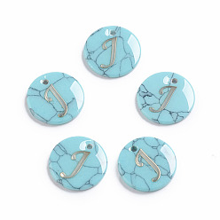 Letter J Synthetic Turquoise Charms, with Plastic Letter, Flat Round, Letter.J, 15x2mm, Hole: 1.5mm
