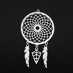 Нержавеющая Сталь Цвет Не тускнеет 201 большие подвески из нержавеющей стали, лазерная резка, тканая сеть / паутина с пером, цвет нержавеющей стали, 64x35x1 мм, отверстие : 1.6 мм