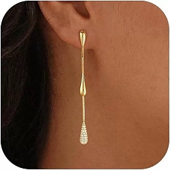 Golden Brass Micro Pave Clear Cubic Zirconia Stud Dangle Earrings for Women, Teardrop, Golden, 60mm