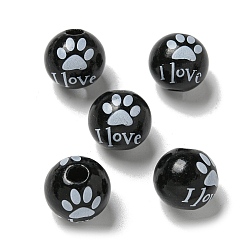Black Printed Wood European Beads, Round with Word Pattern, Black, 15.5~16mm, Hole: 4~4.5mm