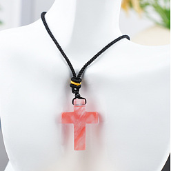 Вишневый Кварц Подвеска в виде креста из вишневого кварца на черном хлопковом шнурке., 25.20 дюйм (64 см)