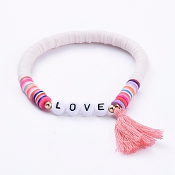 Farbig Handgemachte Polymer Clay heishi Perlen Stretch Armbänder, mit Wort Acrylperlen und Baumwollfaden Quaste Anhänger, für den Tag der Mutter, Liebe, Farbig, 2 Zoll (5.2 cm)