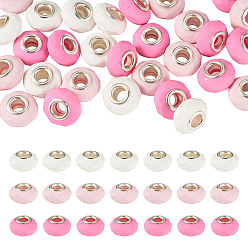 Camellia 30Pcs Spray Painted Faceted Resin European Beads, Large Hole Beads, Rondelle with Silver Color Plated Brass Cores, Camellia, 15x8.5mm, Hole: 5mm