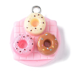 Pink Непрозрачные подвески смолы, имитация еды, пончик, с платиновыми железными петлями, розовые, 22.5x19.5x8 мм, отверстие : 2 мм