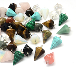 Смешанные камни Конусные / штыревые / маятниковые подвески из смешанного камня, с латунной фурнитурой платинового цвета, 25~27x15~16x14 мм, отверстие : 3.5x7 мм