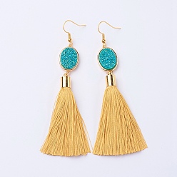 Gold Ice Silk Thread Tassel Dangle Earrings, with Electroplated Natural Druzy Quartz Crystal and Brass Earring Hooks, Golden, Gold, 98mm, Pin: 0.6mmg, Pendant: 80x14x7mm