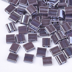 Purple 2-Hole Opaque Glass Seed Beads, Lustered, Rectangle, Purple, 5x4.5~5.5x2~2.5mm, Hole: 0.5~0.8mm