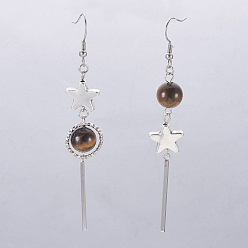 Tigerauge Natürliche Tigerauge Perlen baumeln Ohrringe, mit Legierungssternperlen und 304 Edelstahlbefunden, Rund-und Rechteck, Edelstahl Farbe, 84~88 mm, Anhänger: 64~68 mm, pin: 0.6 mm