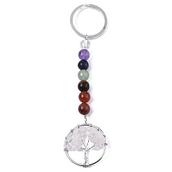 Rose Quartz Natural Rose Quartz Chips Chakra Keychain, with Platinum Plated Stainless Steel Split Key Rings and Mixed Stone Round Beads, Flat Round with Tree of Life, 122mm
