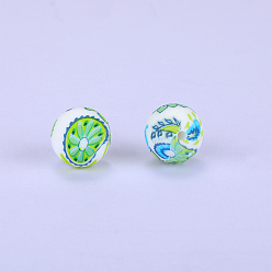 Steel Blue Printed Round with kiwi Pattern Silicone Focal Beads, Steel Blue, 15x15mm, Hole: 2mm