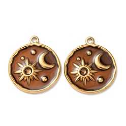 Сиена 304 подвески из нержавеющей стали, с эмалью и горный хрусталь, плоские круглые подвески и подвески в виде солнца и луны, реальный 18 k позолоченный, ионное покрытие (ip), цвет охры, 23x20x2 мм, отверстие : 1.8 мм
