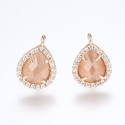 Light Salmon Brass Micro Pave Cubic Zirconia Stud Earring Findings, with Loop, Cat Eye, Teardrop, Golden, Light Salmon, 16.5mm, Hole: 1mm, Pin: 0.8mm