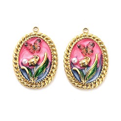 Светло-Вишневый 304 нержавеющей стальной эмали подвески, Со смолой и имитацией жемчуга, Овальный с цветком и бабочкой, ионное покрытие (ip), реальный 18 k позолоченный, светло-вишневый, 30x21x4 мм, отверстие : 1.8 мм