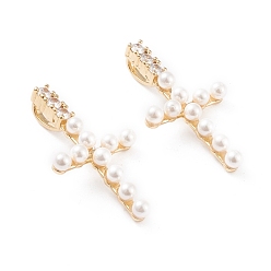 Настоящее золото 18K Латунные микро проложить кубического циркония подвески, с оболочкой жемчуг, долговечный, крестик, прозрачные, реальный 18 k позолоченный, 42x24x10 мм, отверстие : 3x8 мм