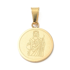 Golden 304 Stainless Steel Pendants, with 201  Stainless Steel Ice Pick Pinch Bails, Ion Plating, Round with A Men Charms, Golden, 20x16.5x2mm, Hole: 7.5x3.5mm.