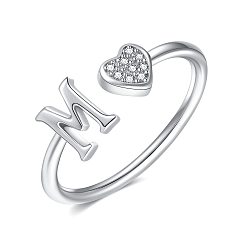 Letter M Регулируемые латунные манжеты со стразами для женщин, Сердце и письмо, платина, Буква М, внутренний диаметр: 15~20 мм