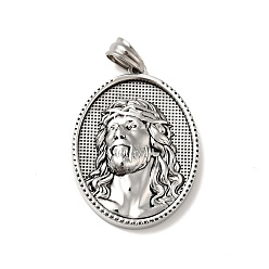 Antique Silver Tibetan Style 304 Stainless Steel Pendants, Religion, Oval with Man Pattern Charms, Antique Silver, 35.5x26x6mm, Hole: 5x7mm