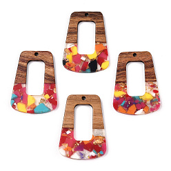 Разноцветный Подвески из прозрачной смолы и ореха, золотой фольгой, трапециевидные подвески, красочный, 37.5x27x3 мм, отверстие : 2 мм