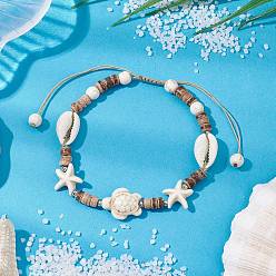 Белый Дым Летние пляжные звездные черепахи регулируемые браслеты на щиколотку, браслеты на ногу из окрашенной синтетической бирюзы, ракушек и кокоса, серый, внутренний диаметр: 1-3/4 дюйм(45мм)~3-1/2 дюйм(88мм)