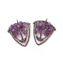 Аметист Натуральные чипы аметист большие подвески, с латунной фурнитурой , щит, Красная медь, 57~59x47.5x8 мм, отверстие : 5 мм