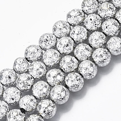 Silver Electroplated Natural Lava Rock Beads Strands, Round, Bumpy, Silver, 10.5mm, Hole: 1mm, about 39pcs/Strand, 15.55 inch(39.5cm)