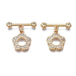 Real 18K Gold Plated Brass Micro Pave Clear Cubic Zirconia Toggle Clasps, Nickel Free, Flower, Real 18K Gold Plated, Flower: 14x12x2mm, Bar: 20x5x2.5mm, Jump Ring: 5x1mm, 3mm inner diameter