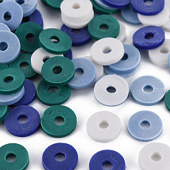 Teal 4 Colors Handmade Polymer Clay Beads, Heishi Beads, Disc/Flat Round, Teal & White & Light Steel Blue & Midnight Blue, 8x0.5~1.5mm, Hole: 2mm, about 11500pcs/1000g