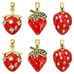 Rot 6Stück 3 Stile Messing Emaille Anhänger, mit Strass, Erdbeer-Charme, golden, rot, 15.5~17.5x11~12.5x5~7 mm, Bohrung: 4.5~5x3 mm, 2 Stück / Stil