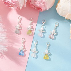 Серебро 7шт. подвеска в форме сердца ангела из акрила и стекла с жемчугом, с цинковым сплавом застежками омаров коготь, серебряные, 35 мм