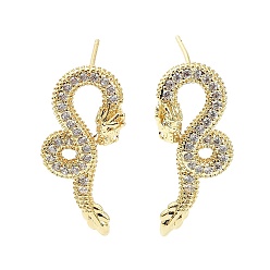 Real 18K Gold Plated Rack Plating Brass Micro Pave Cubic Zirconia Stud Earring, Cadmium Free & Lead Free, Long-Lasting Plated, Dragon, Real 18K Gold Plated, 27x12.5mm
