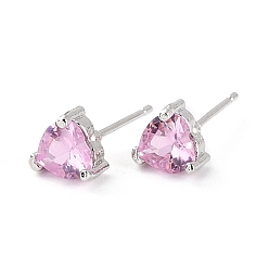 Platinum Dainty Heart Pink Cubic Zirconia Stud Earrings for Her, Cadmium Free & Lead Free, Platinum, 7x7.5x4.5mm, Pin: 0.8mm