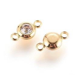Crystal 304 Stainless Steel Rhinestone Links connectors, Flat Round, Golden, Crystal, 12x6.5x4mm, Hole: 2mm
